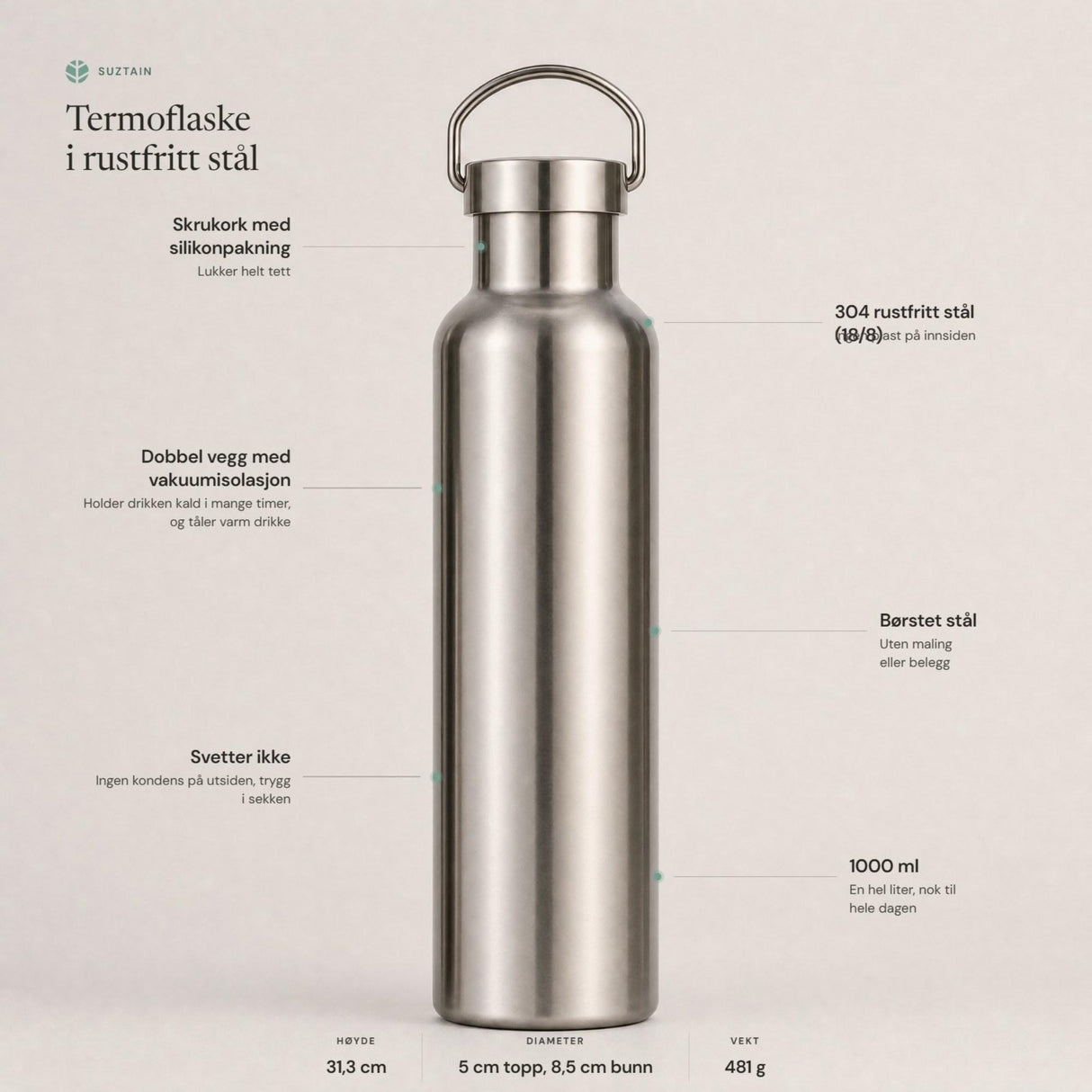 Suztain Termoflaske Stål - 1000 ml