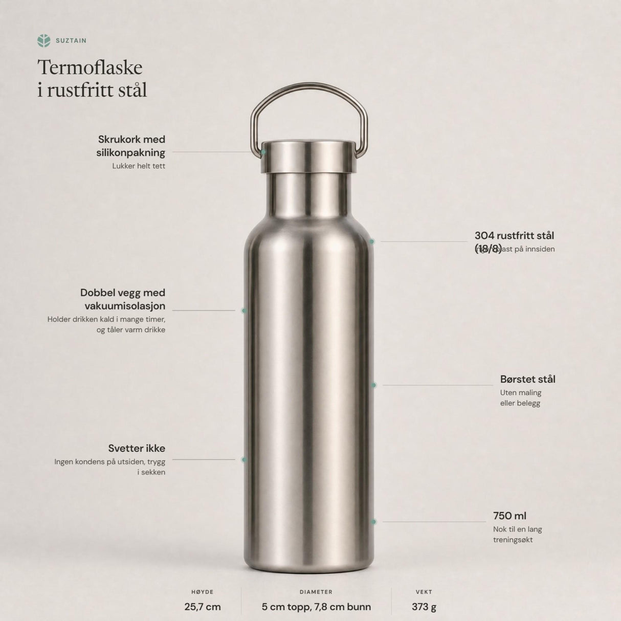 Suztain Termoflaske Stål - 750 ml