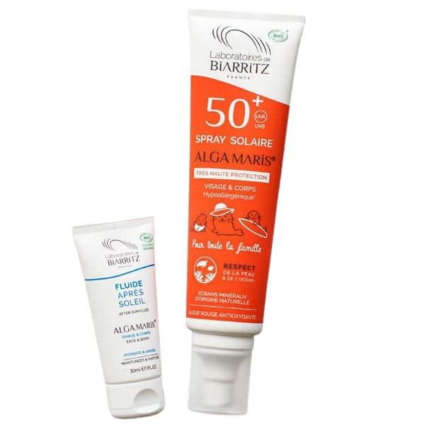 Laboratoires de Biarritz solkrem SPF50+ 150ml og After Sun 30ml i hvit og oransje emballasje, sett forfra