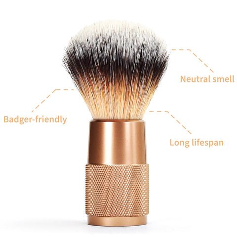 Bambaw Barberbørste Rose Gold i aluminium og syntetiske fibre, med tekst for egenskaper på hvit bakgrunn