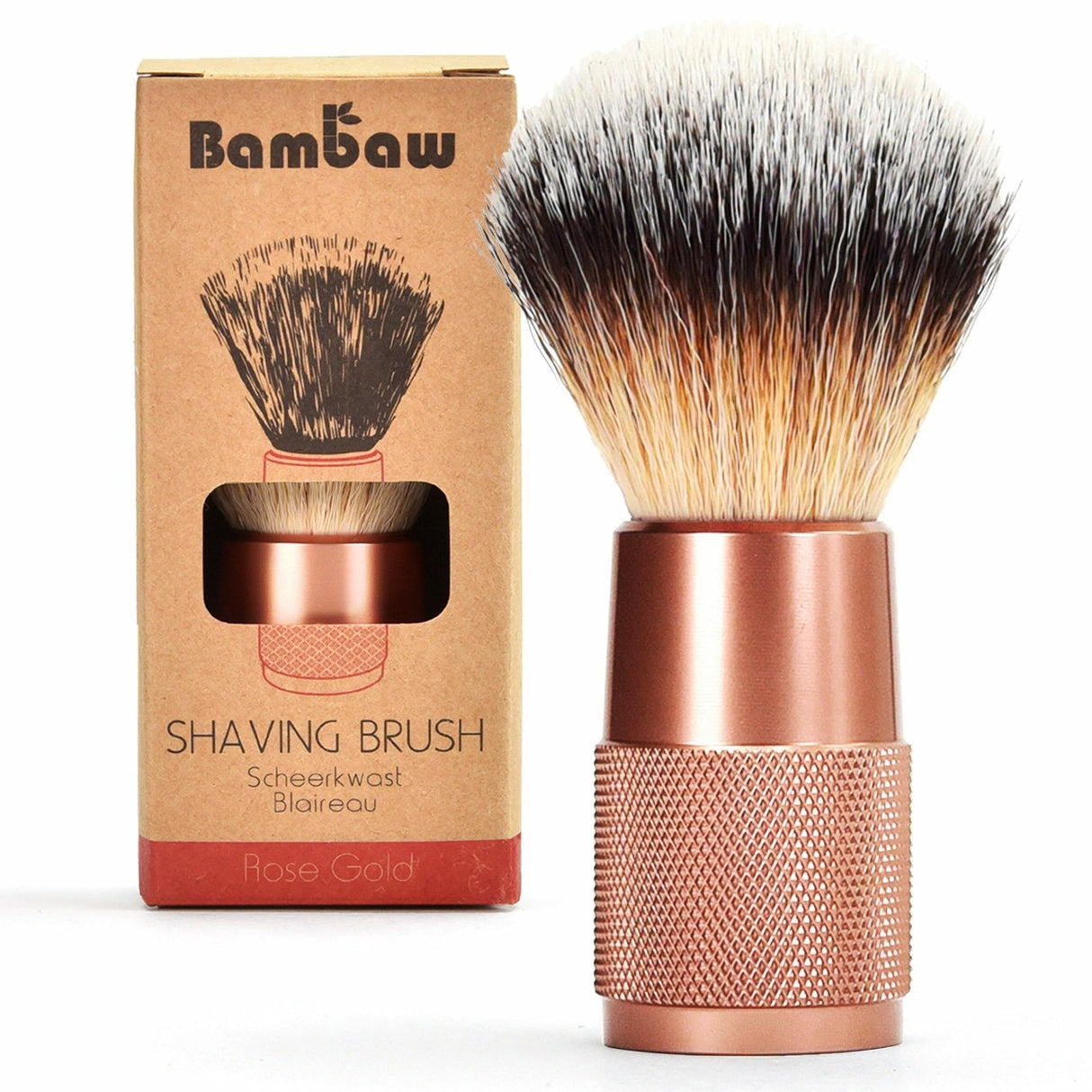 Bambaw Barberbørste Rose Gold i metall og syntetiske fibre, vist i emballasje