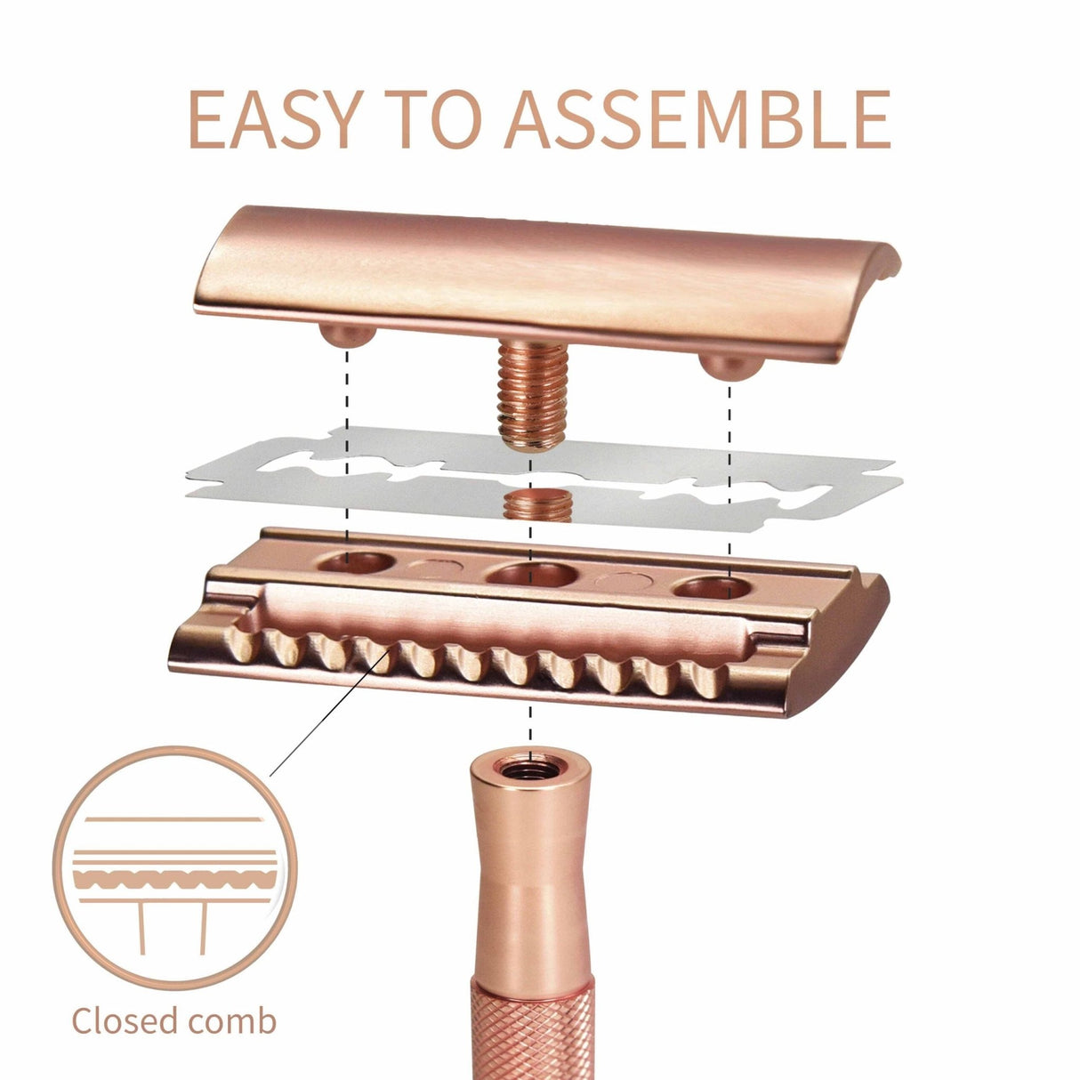 Bambaw barberhøvel med holder Rose Gold i rustfritt stål og messing, med eksplodert visning av delene