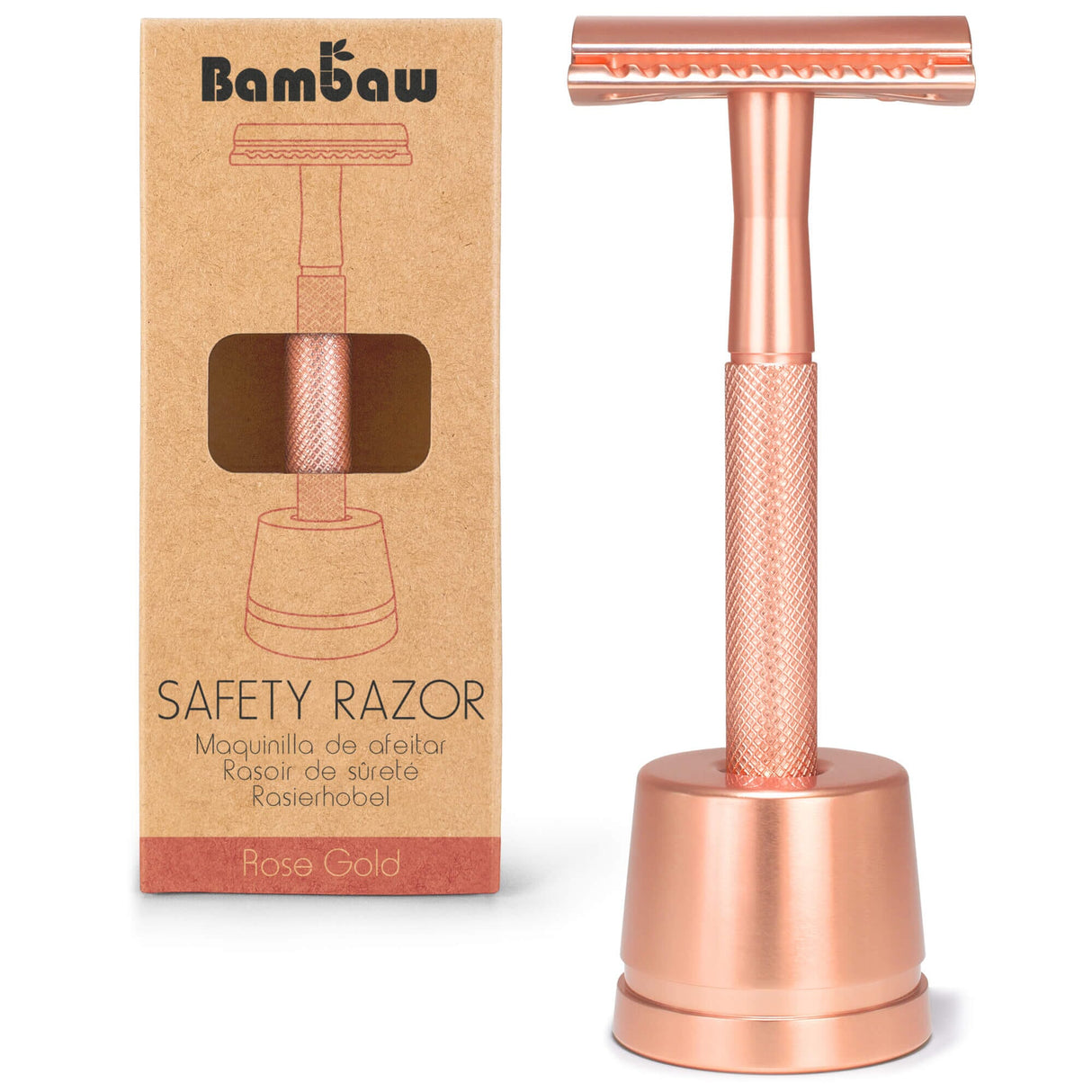 Bambaw barberhøvel med holder Rose Gold i rustfritt stål og messing, vist i emballasje
