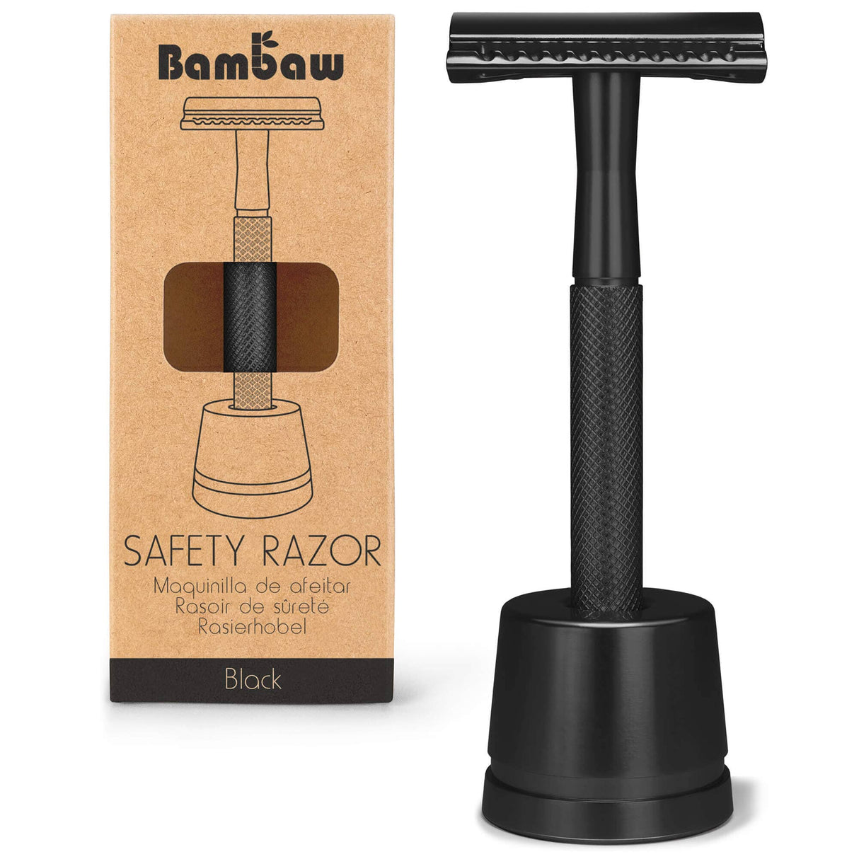 Bambaw barberhøvel med holder, svart i rustfritt stål, vist i emballasje og ved siden av