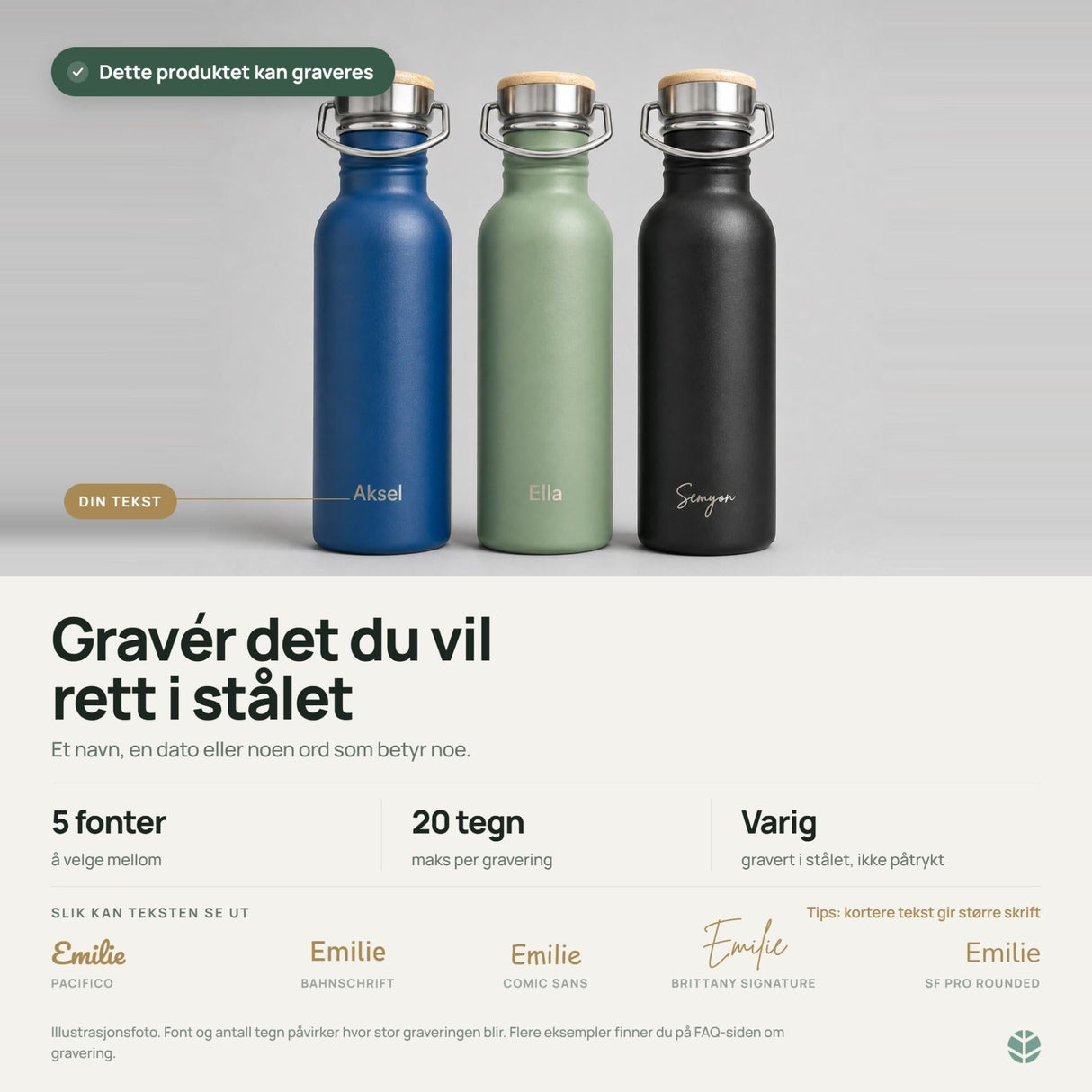 Bambaw isolert drikkeflaske 500 ml Sage Green i rustfritt stål og bambus, med eksempler på gravering