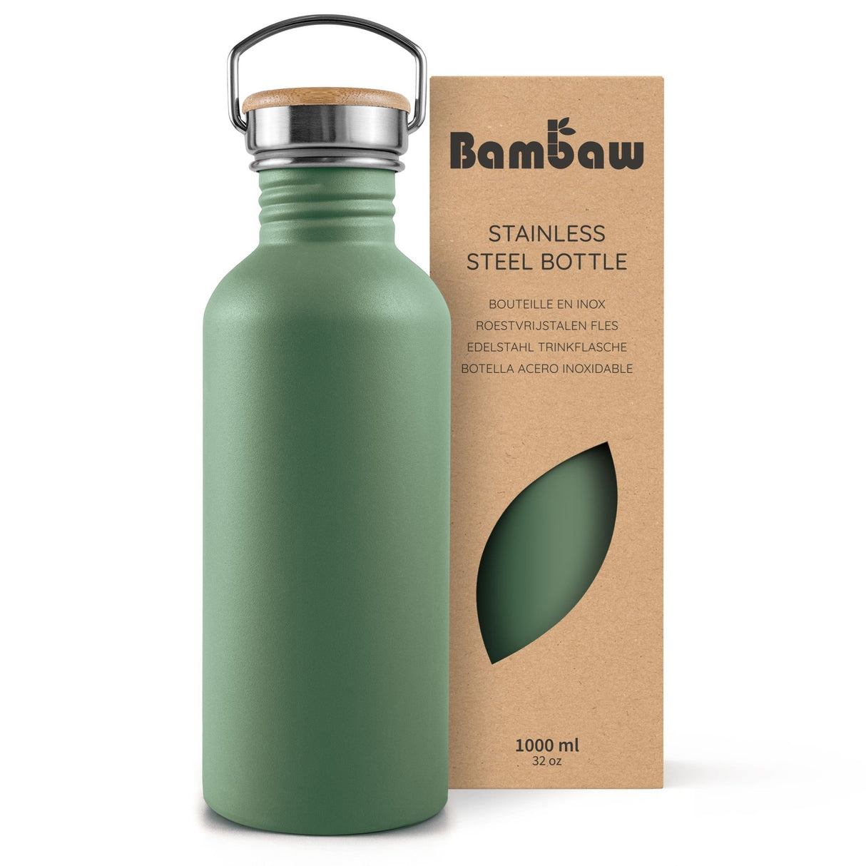 Bambaw Drikkeflaske 1000ml Sage Green i rustfritt stål, vist i emballasje med utskjæring
