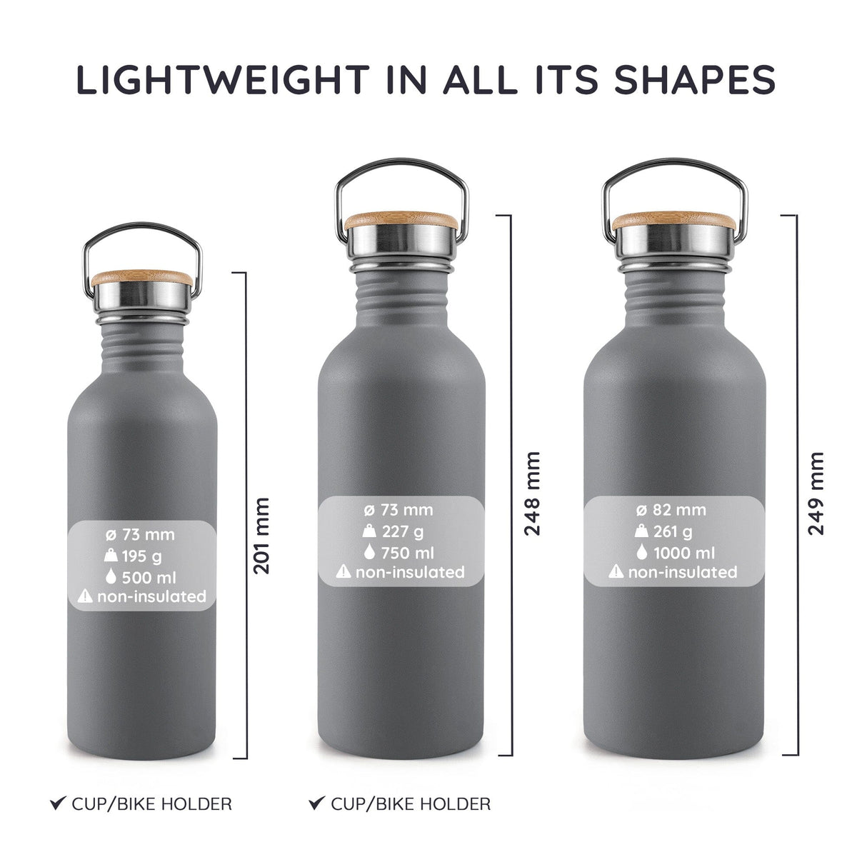 Bambaw Drikkeflaske 500ml Stormy Grey i rustfritt stål, størrelsesguide som viser tre varianter