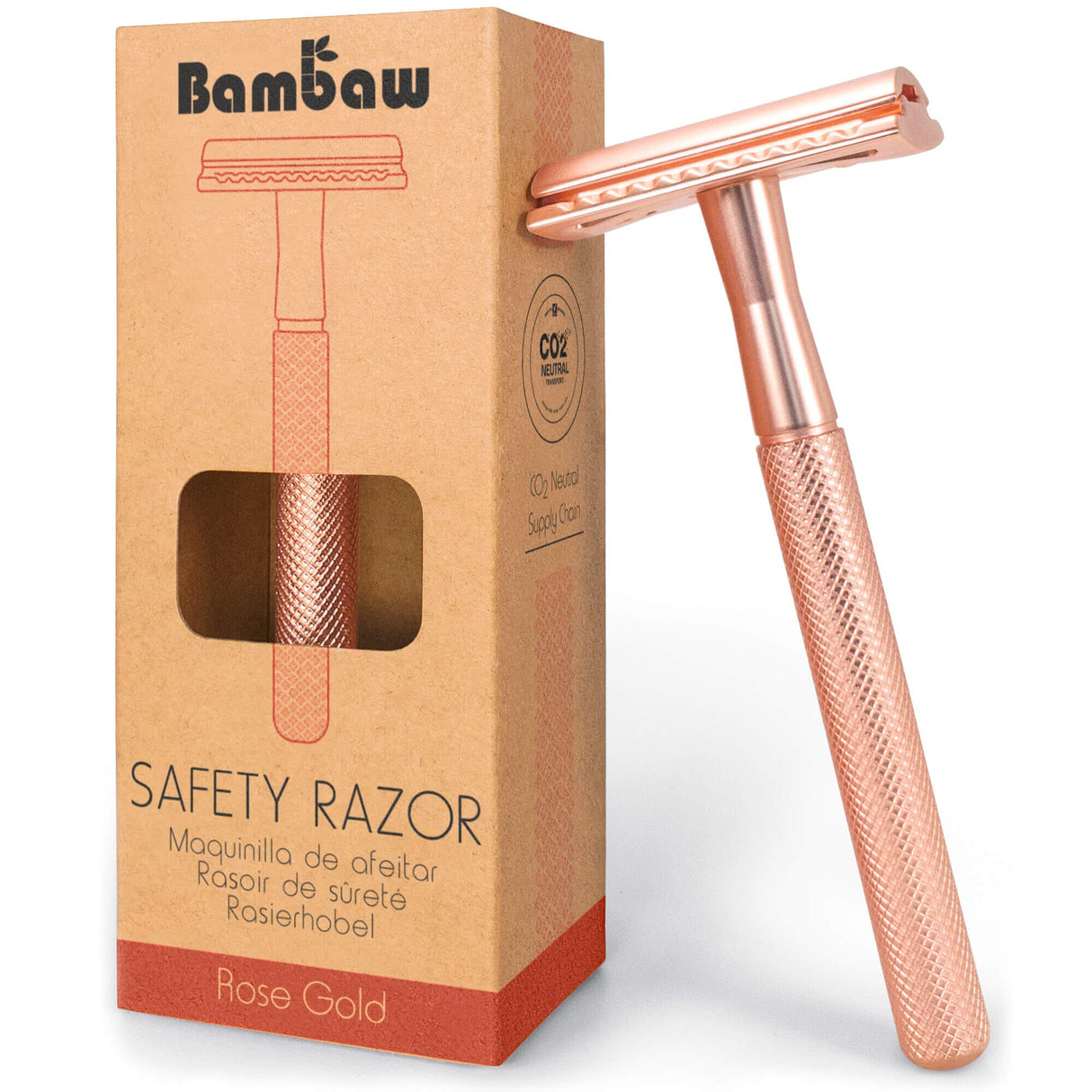 Bambaw barberhøvel i Rose Gold i metall, vist i emballasje med utstikkende barberhøvel