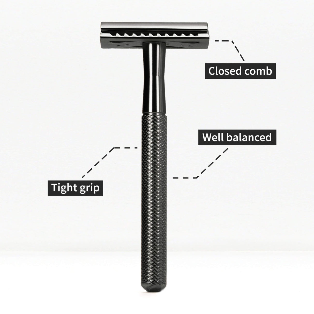 Bambaw Safety Razor barberhøvel i sort metall, med tekstbokser som peker på detaljer