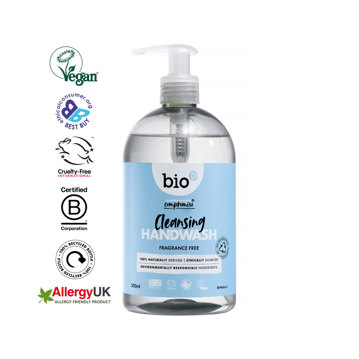 Bio-D Antibakteriell Håndsåpe Parfymefri 500ml i gjennomsiktig plast med lys blå etikett, med sertifiseringsmerker