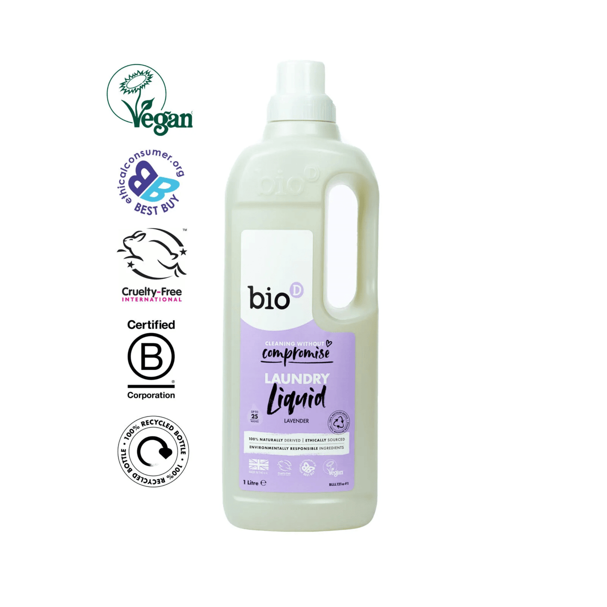 Bio-D flytende vaskemiddel med lavendelduft 1 liter i resirkulert plastflaske med sertifiseringer