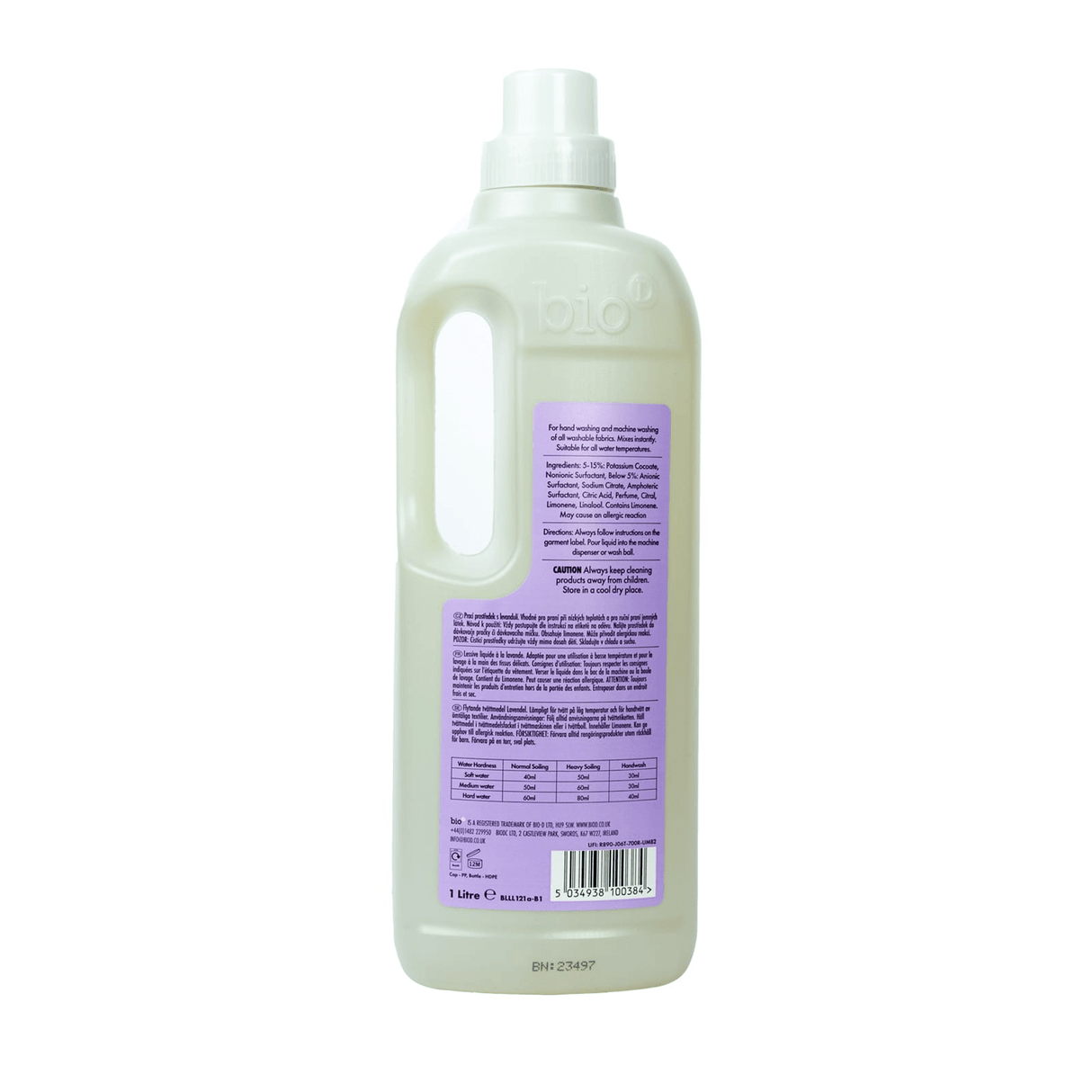 Bio-D flytende vaskemiddel lavendelduft 1 liter med lilla etikett og praktisk håndtak