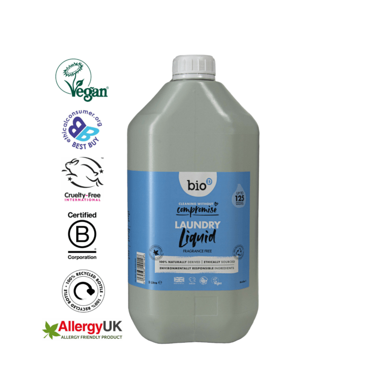 Bio-D Flytende vaskemiddel uparfymert 5 liter i plastflaske, med sertifiseringslogoer på hvit bakgrunn