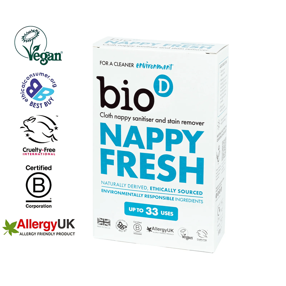 Bio-D Nappy Fresh desinfeksjon 500g i hvit kartong med blå tekst og flere miljøsertifiseringer