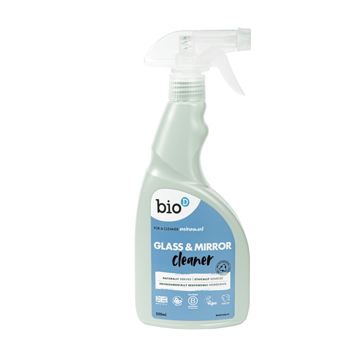 Bio-D rengjøringsspray til vindu og glass 500 ml i lysegrønn flaske med blå etikett