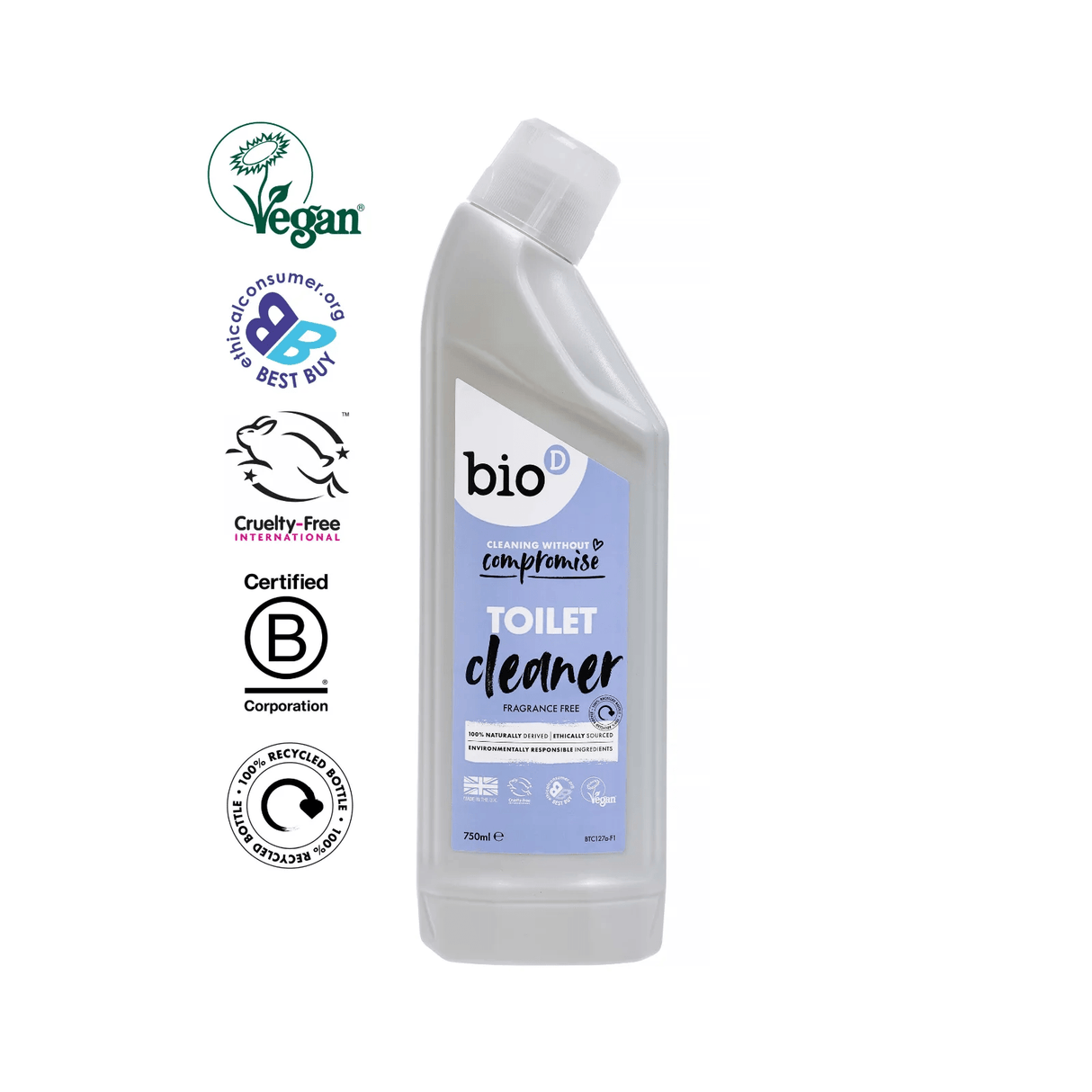 Bio-D Toalettrens 750ml i hvit og blå flaske med miljøvennlige sertifiseringer
