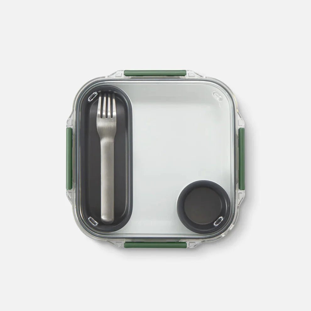 black+blum matboks Original 1L Ocean i plast med gaffel og liten beholder, sett ovenfra