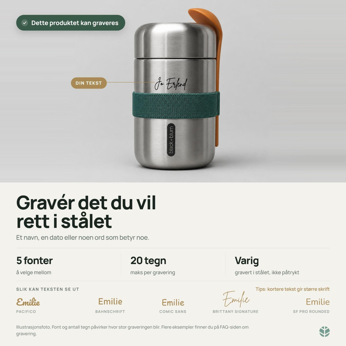 black+blum mattermos 400ml Olive i rustfritt stål, med skje og gravert tekst, sett forfra