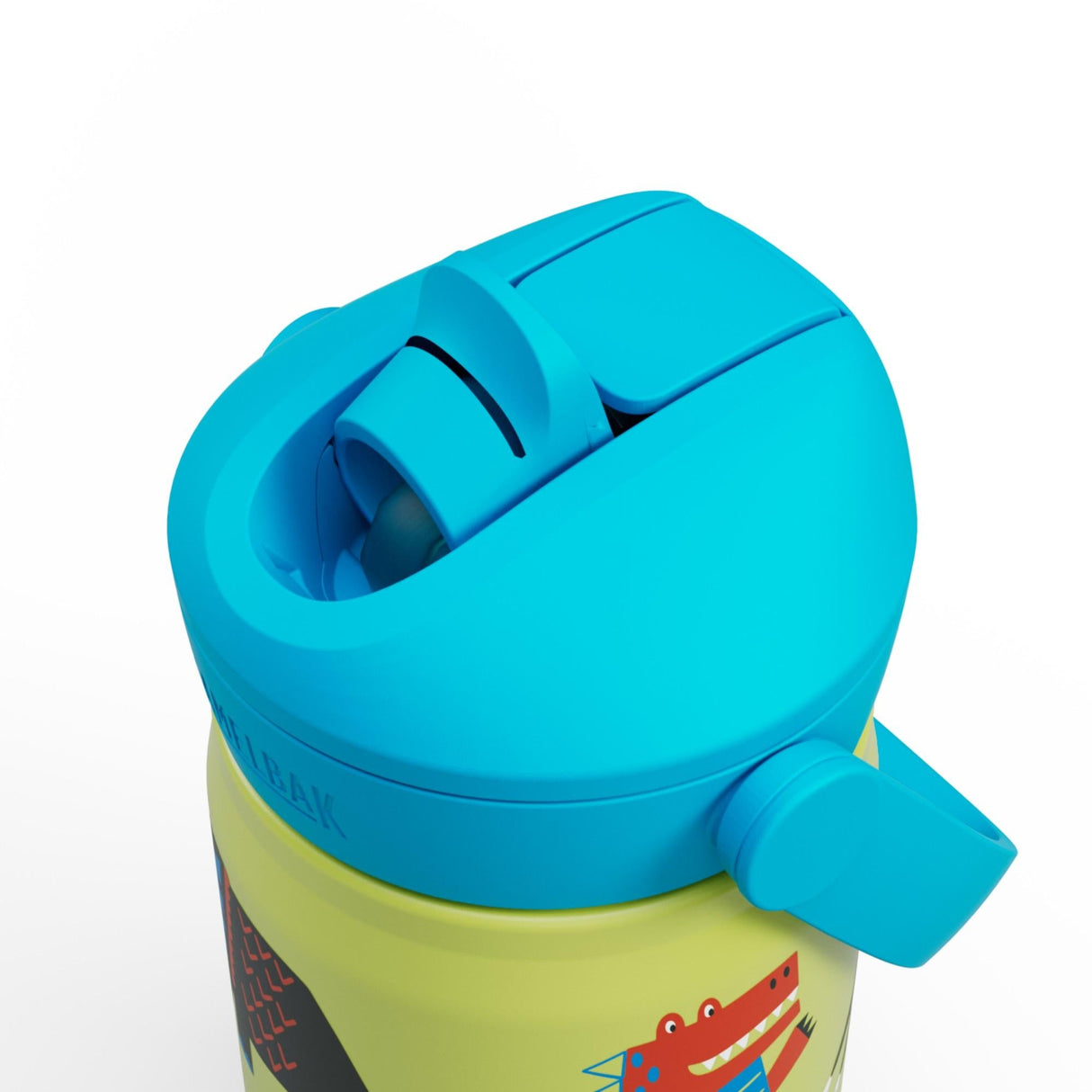 CamelBak Kids Drikkeflaske 0,35L Dino Jam i rustfritt stål, nærbilde av blått lokk med drikketut