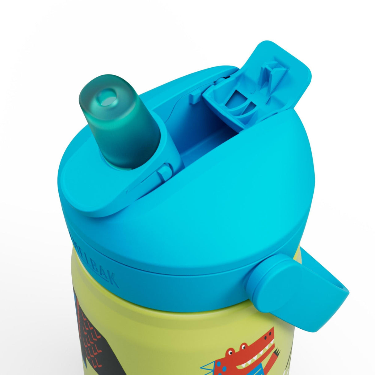 CamelBak Kids Drikkeflaske 0,35L Dino Jam i rustfritt stål, nærbilde av åpent lokk med drikketut