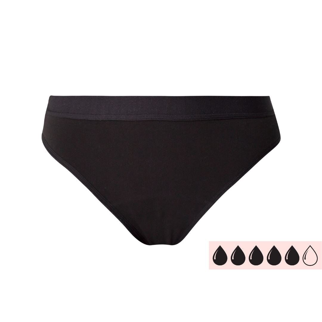 Comfydence Get Cozy Menstruasjonstruse Heavy Flow i svart bomull, sett forfra med absorpsjonsindikator