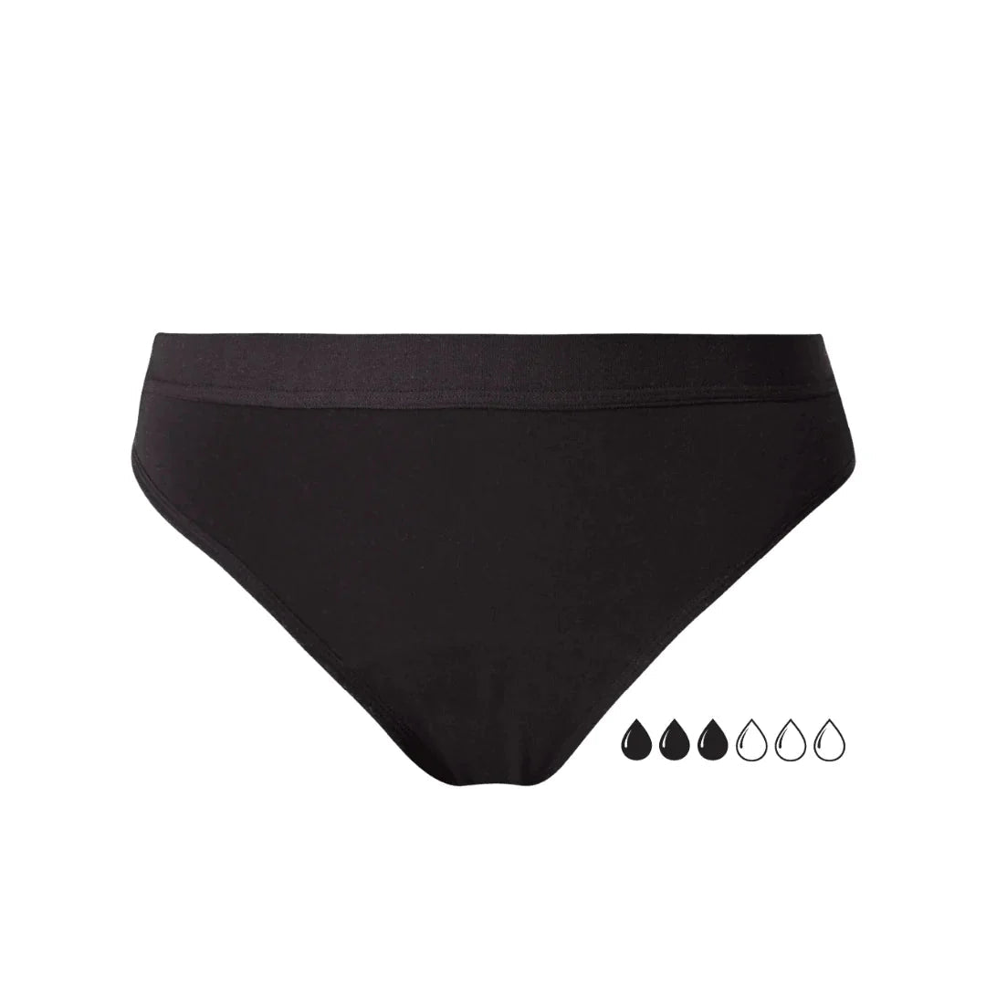 Comfydence Just Chillin Menstruse Medium Flow svart i tekstil, sett forfra med absorpsjonsindikator