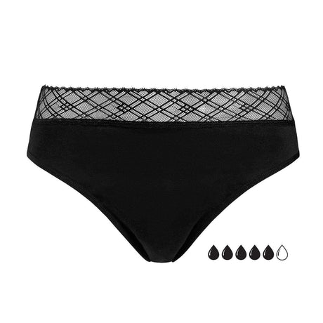 Stay Lazy Menstruse Super Flow, en svart truse med blondedetaljer og ekstra absorberende kjerne for kraftig menstruasjon. Komfortabel, gjenbrukbar og testvinner (BEST I TEST) ifølge Expressen.