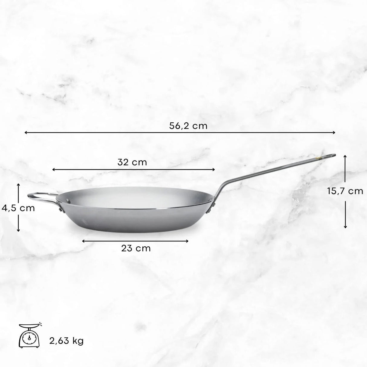 de Buyer Mineral B stekepanne Ø32 cm i karbonstål, teknisk tegning med alle mål og vektangivelse