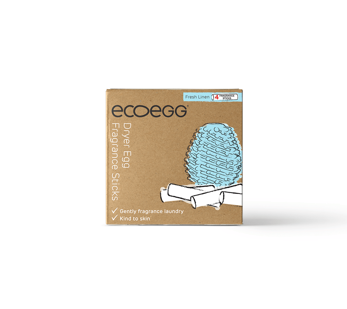 Ecoegg Refill for Tørkeegg, Fresh Linen, i pappemballasje, sett forfra med illustrasjon av tørkeegg