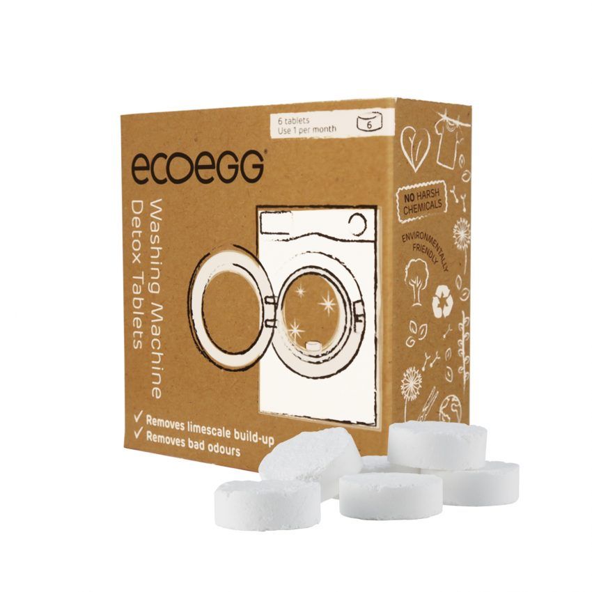 Ecoegg vaskemaskin rensetabletter 6-pakning hvit i kartong og pulver, med tabletter foran esken