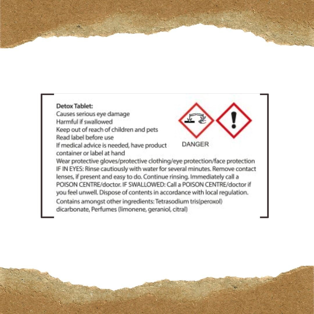 Ecoegg rensetabletter vaskemaskin hvit i pulver, nærbilde av advarselsmerking og ingrediensliste
