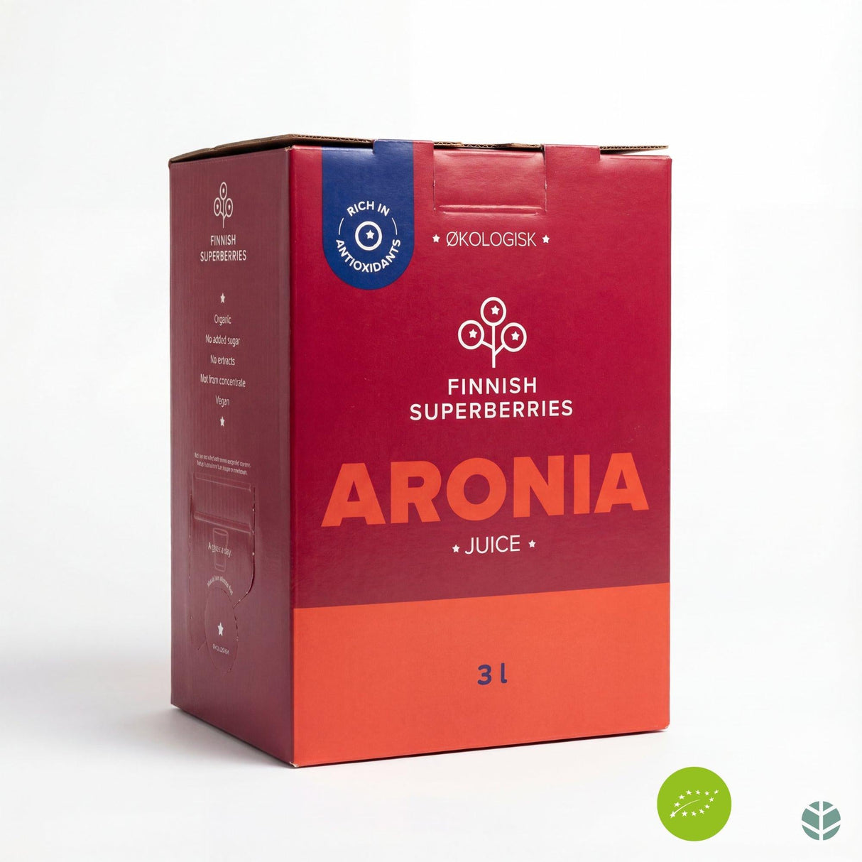 Finnish Superberries Aronia juice 3 liter i rød kartong med økologisk merke på hvit bakgrunn