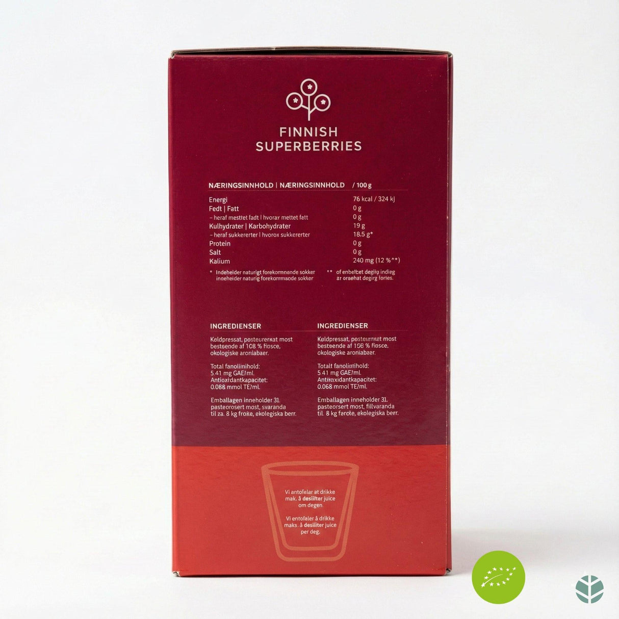 Finnish Superberries Finsk Økologisk Aronia juice 3 liter i rød pappkartong med næringsinnhold og ingredienser