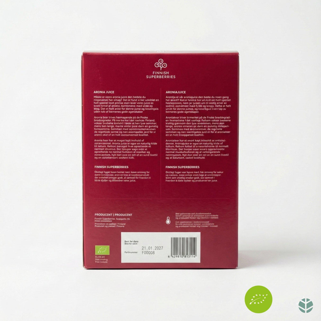 Finnish Superberries økologisk aronia juice 3 liter i rød pappkartong med tekstbeskrivelse på hvit bakgrunn