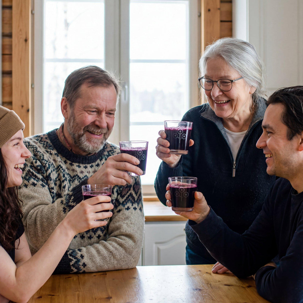 Finnish Superberries Finsk Økologisk Aronia juice 3 liter i glass, delt mellom fire personer rundt et trebord