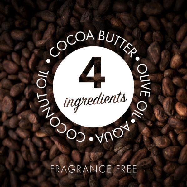 Friendly Soap ansiktssåpe Cocoa Butter 95g med ingrediensliste over kakaobønner, sett ovenfra