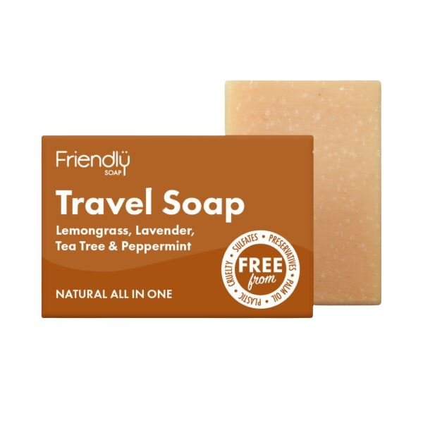 Friendly Soap reisesåpe 95g i lavendel, sitrongress, mynte og tea tree, vist i emballasje