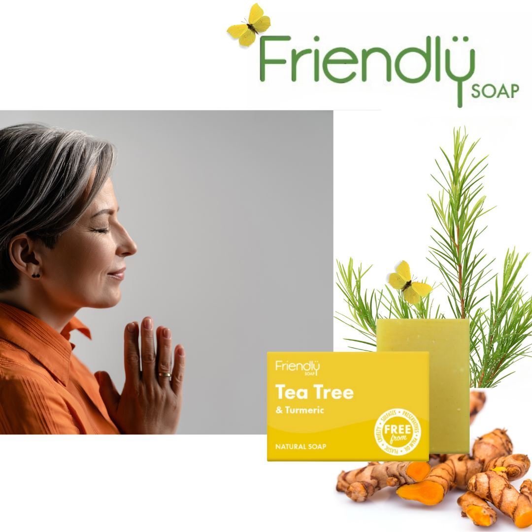 Friendly Soap såpestykke Tea Tree 95 gram gul i papir og såpe, med illustrasjoner av gurkemeie og te-tre blader