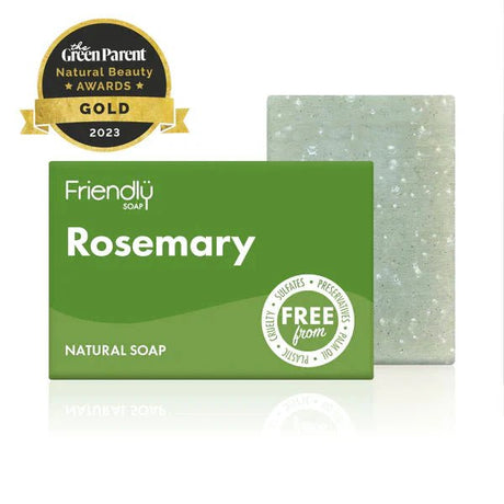 Friendly Soap Rosmarin-såpestykke (95 g) i grønn emballasje, gullvinner av Natural Beauty Awards 2023. 100 % naturlig, vegansk og plastfri – aromatisk duft for luksuriøs hudpleie.