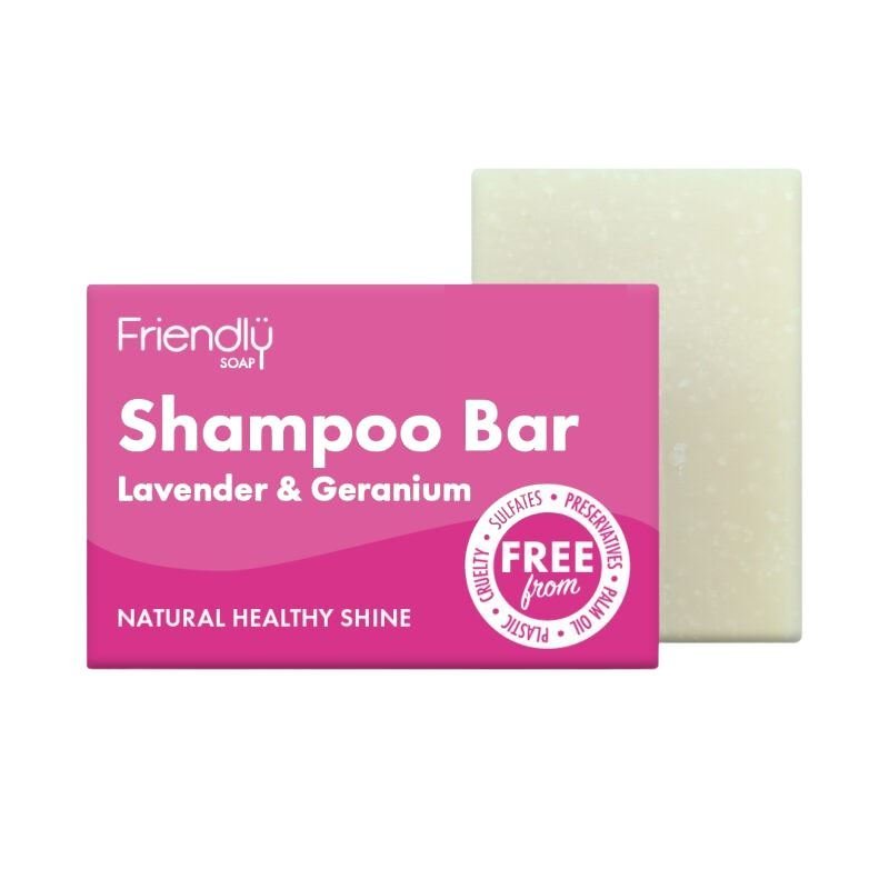 Friendly Soap Sjampobar Lavendel & Geranium 95g i hvit med rosa emballasje, sett forfra