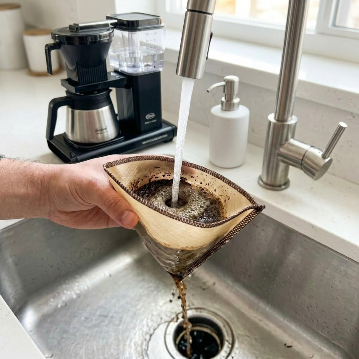 GreenGenius kaffefilter 1x4 i naturfarget tekstil med brun søm, skylles rent under vannkranen