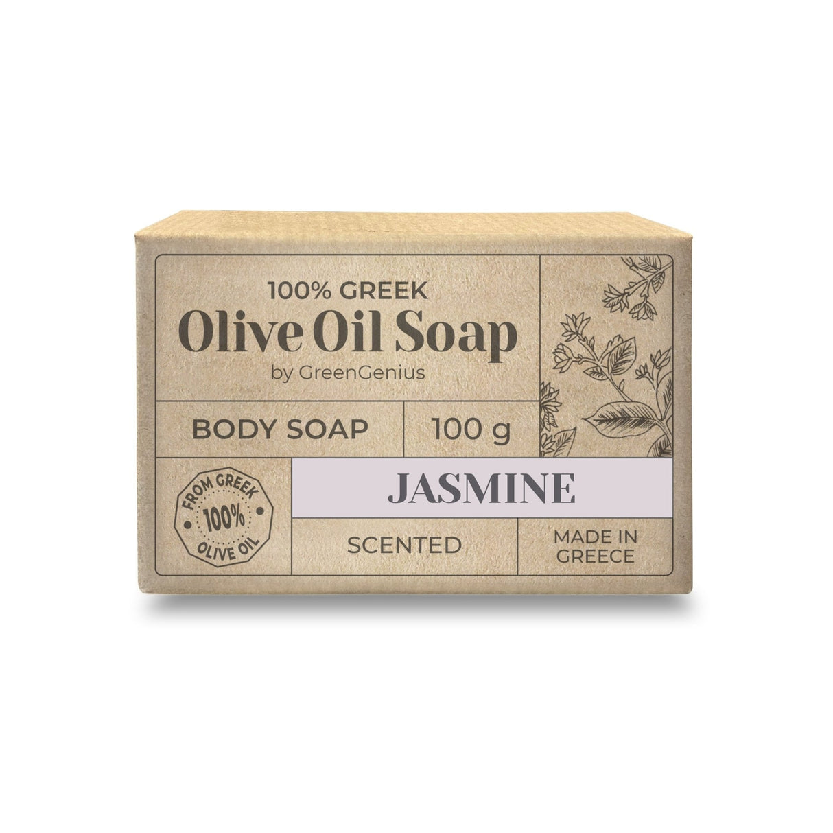 GreenGenius Olivensåpe 100g Jasmin i papiremballasje, sett forfra med tekst og illustrasjoner