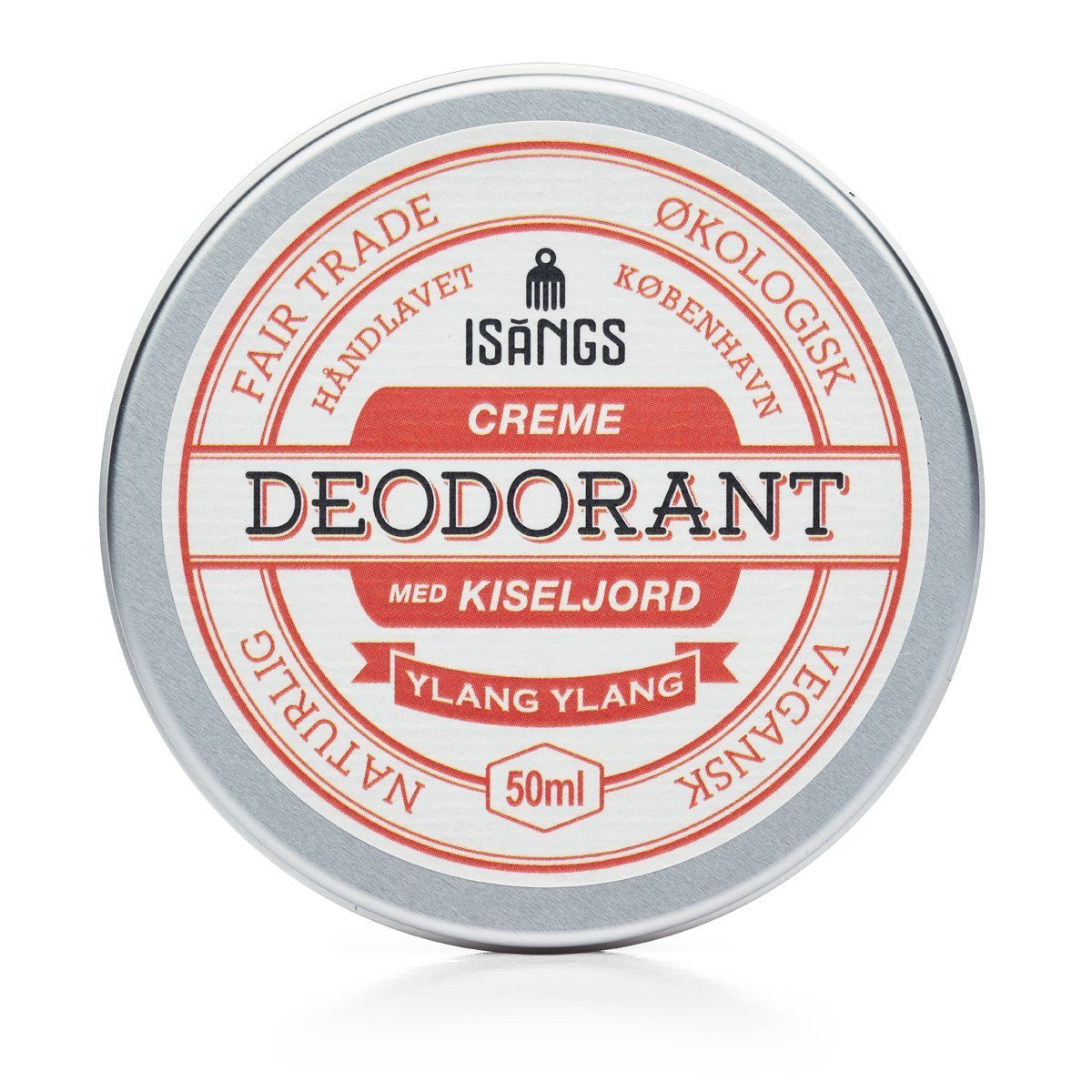 Isangs Creme Deodorant Ylang Ylang 50 ml i aluminium, sett ovenfra med etikett i rødt og hvitt