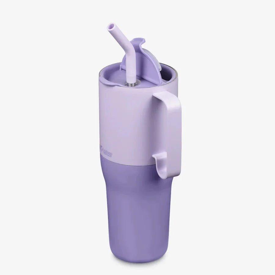 Klean Kanteen Rise Tumbler 1065 ml Orchid Bloom i rustfritt stål, sett fra siden med sugerør og håndtak