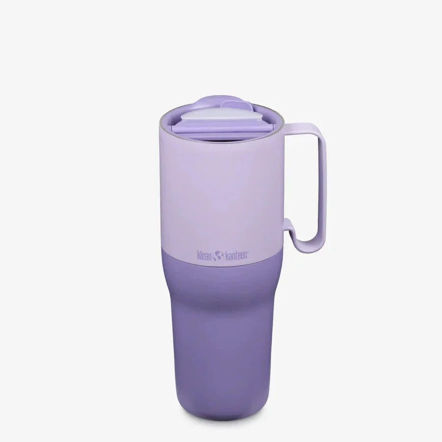 Klean Kanteen Rise Tumbler 1065 ml Orchid Bloom i rustfritt stål, sett forfra med lokk og håndtak