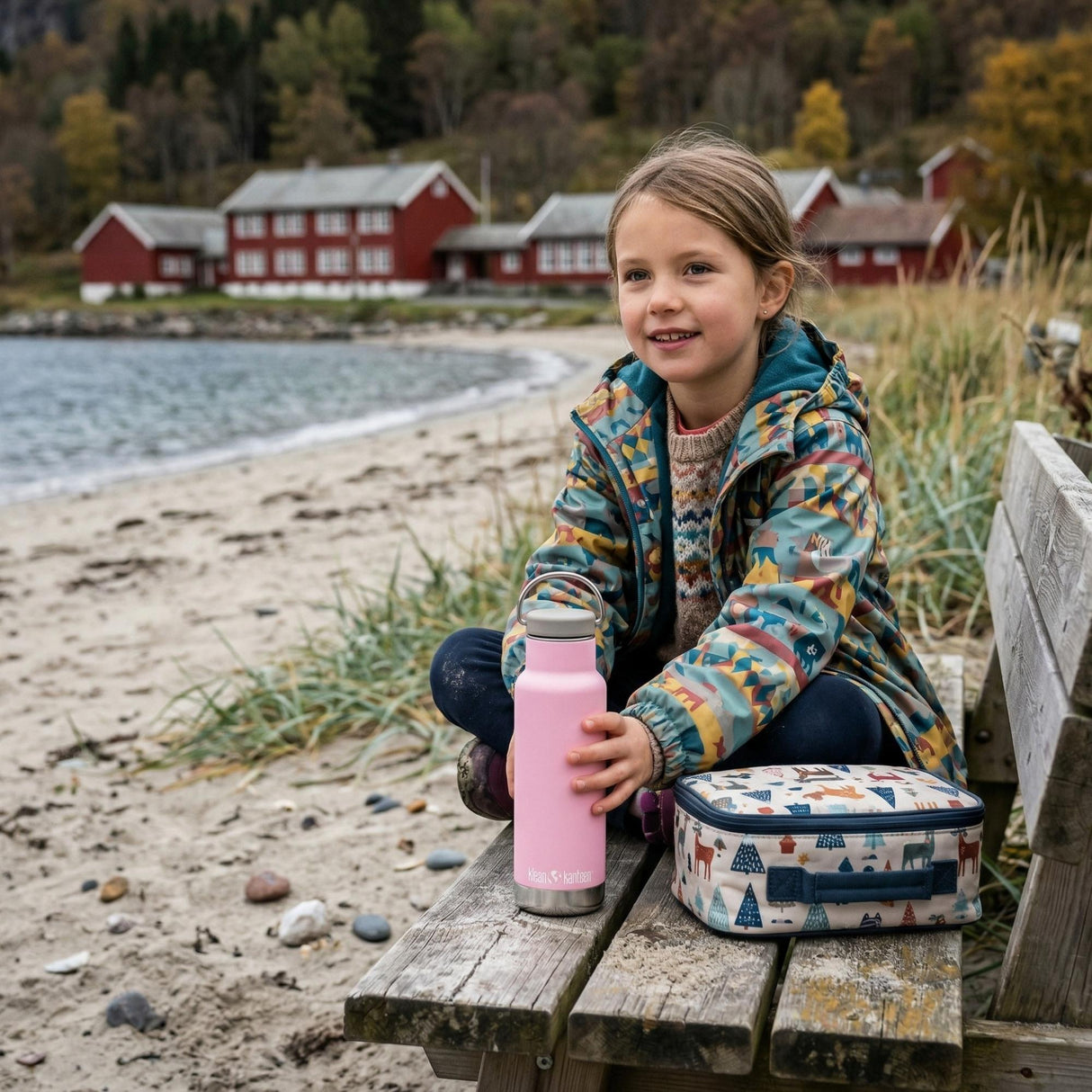 Klean Kanteen Isoleret Classic 355 ml Lotus i rustfritt stål, i bruk av barn på en benk ved stranden