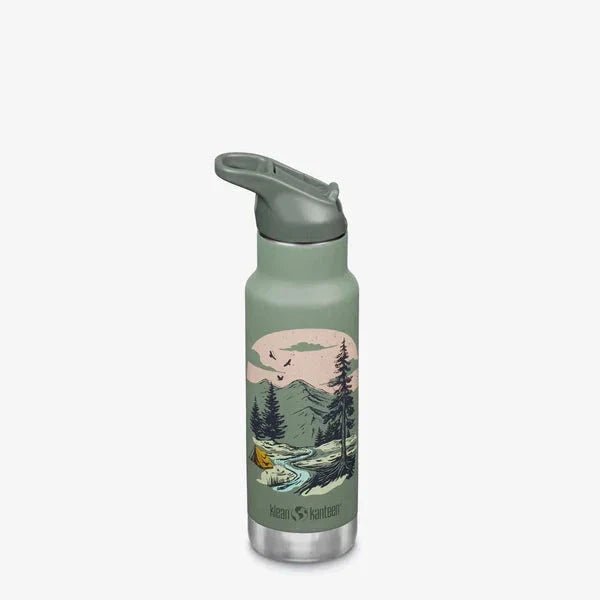 Klean Kanteen Termoflaske 355ml Mountain Scape i rustfritt stål, sett fra siden med åpen tut