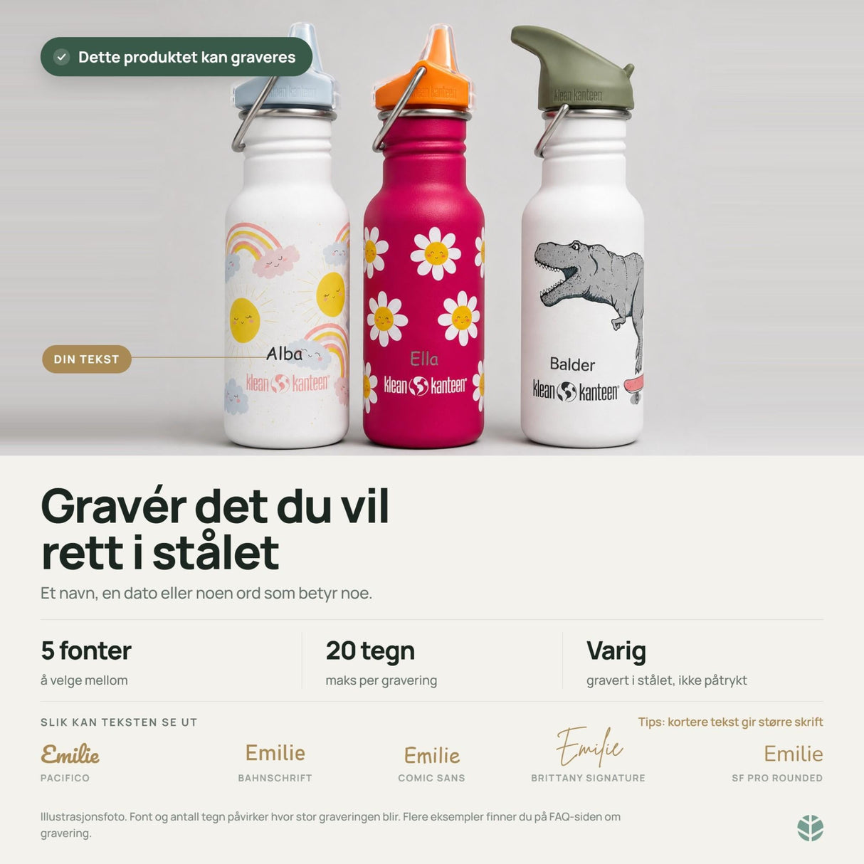 Klean Kanteen Drikkeflaske Barn 355ml Classic w/ Sippy Cap Rainbows i rustfritt stål, med graveringseksempel