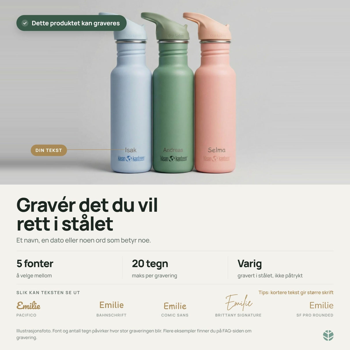 Klean Kanteen Classic 800 ml drikkeflaske i rustfritt stål, tre varianter med gravering vist fra siden
