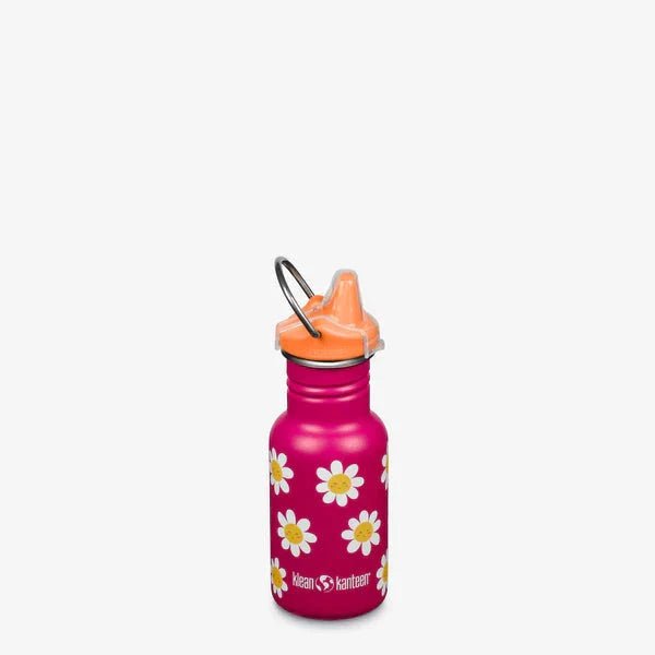 Klean Kanteen Drikkeflaske Barn 355ml Classic Happy Flowers i rustfritt stål, sett forfra med oransje tut